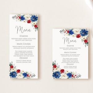 Carte de menu rouge blanc bleu, menu de mariage, menu de retraite, menu d'anniversaire à imprimer, cartes de menu bleu argent, menu de mariage bleu, W1652