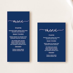 Navy Wedding Menu Card, Blue Menu Printable, Wedding Menu, Digital file, W1470