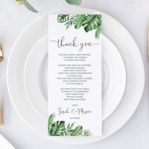 Cartões de agradecimento para casamento tropical, cartão de agradecimento para casamento com palma, cartão de agradecimento, vegetação, notas de agradecimento, W1295-1