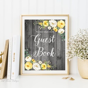 Letrero rústico para libro de visitas, letrero de libro de visitas para boda gris y amarillo, firme nuestro letrero para libro de visitas, W1092