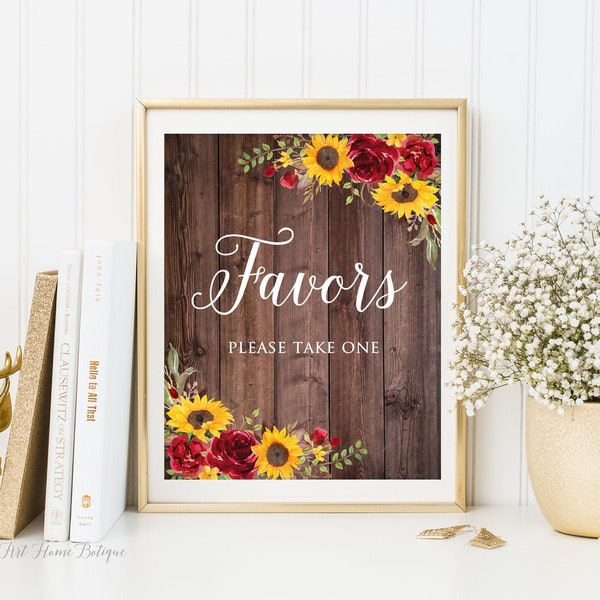 Sunflower Wedding Favor Sign, Dessert Table Sign, Favor Table Sign, Favors Sign, Sunflowers and Red Roses, Fall Decor, W982