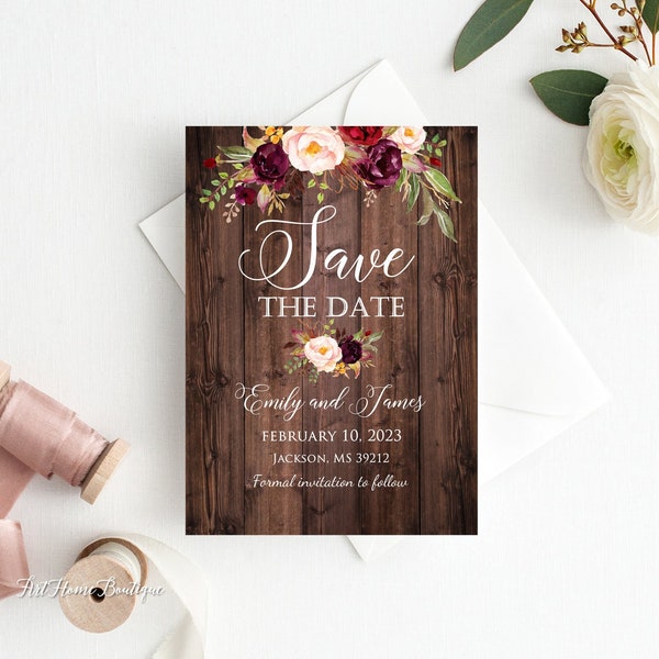 Burgundy Save the Date Card, Rustic Wedding Save the Date, Birthday Save the Date, Digital File, W486