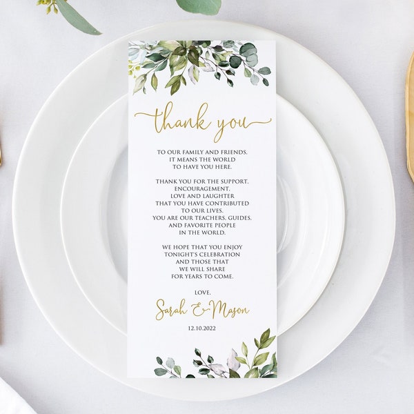 Greenery Gold Wedding Place Thank You Cards, Botanical Wedding Thank You Card, Greenery Thank You Notes, Plate Thank You Card, W1128-2