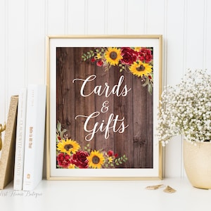 Sonnenblumen und rote Rosen Hochzeit Karten und Geschenke Schild, Rustikales Karten und Geschenke Schild, Tischschild, W982