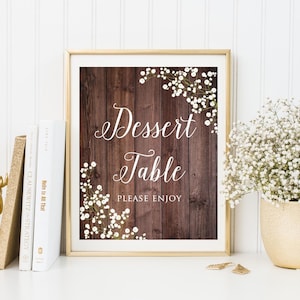 Segno del tavolo da dessert, segno del dessert di nozze, per favore divertiti, segno di nozze del respiro del bambino rustico, Gypsophila, segno di nozze stampabile, W310, BS310