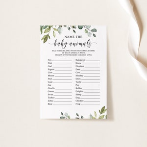 Name the Baby Animal Game, Greenery Baby Shower Games, Botanical Baby Animal Match, Baby Animal Name Quiz, Digital File, W1080