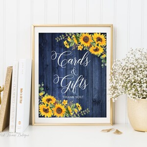 Bord marineblauw zonnebloemkaarten en cadeaus, bord rustiek kaarten en cadeaus, bord cadeautafel, bord marineblauw bruiloft, afdrukbaar bord, W1026