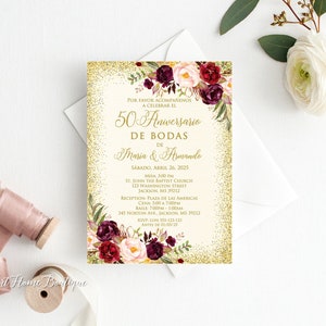 Spaanse verjaardagsuitnodiging 50 Aniversario de Bodas Invite, 50e verjaardagsuitnodiging, gouden bruiloftsuitnodiging, W541-3