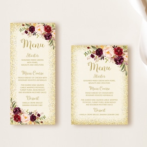 Tarjeta de menú de Borgoña, Menú de boda, Menú de cumpleaños imprimible, Tarjetas de menú de marfil floral, W39, BW39