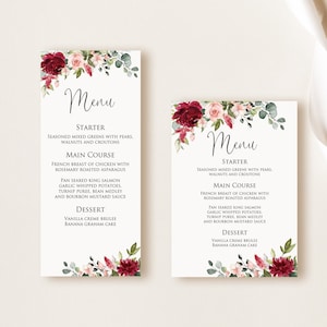 Carta menu rosa bordeaux, menu moderno stampabile, menu floreale bordeaux, menu di nozze rosso rosa, file digitale, W1478