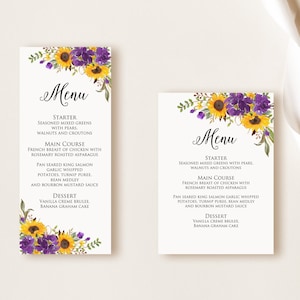 Tarjeta de menú púrpura de girasoles, tarjeta de menú de girasol, menú de boda de girasoles y flores púrpuras, menú de cumpleaños, menú de otoño, archivo digital, W1465