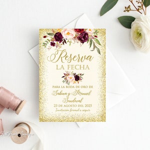 Reserva la Fecha para la boda de oro Espagnol Save The Date, 50 Aniversario de Bodas Save the Date, Bourgogne Anniversaire Save The Date W541-1