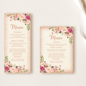 Rose Gold Menu Card, Birthday Menu Printable, Wedding Menu, Floral Ivory Menu Cards, W774