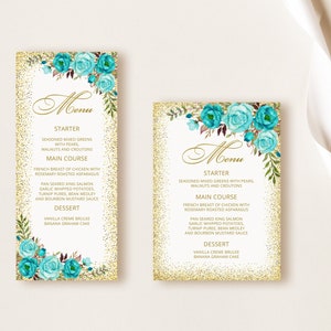 Teal Menu Card, Teal Gold Birthday Menu Printable, Turquoise Wedding Menu, Floral Ivory Menu Cards, W1224