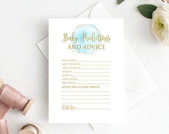 Baby Predictions and Advice Game, Advice for new Parents, Blue and Gold Baby Shower Advice Cards, Instant Download, Digital File, BS054
