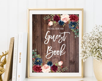 Guest Book Sign, Wedding Guest Book Sign, Please Sign Our Guest Book Sign, Marsala Navy Wedding Sign, Printable Wedding Sign, W391