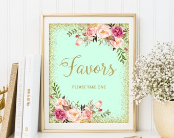 Favors Sign, Wedding Favor Sign, Please Take One Sign, Mint and Gold Floral Wedding Sign, Printable Wedding Sign, W265