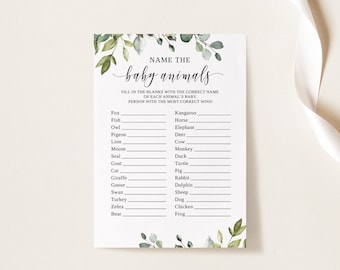 Name the Baby Animal Game, Greenery Baby Shower Games, Botanical Baby Animal Match, Baby Animal Name Quiz, Digital File, W1080