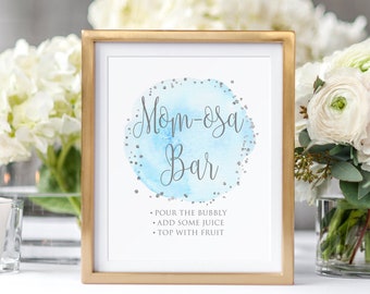 Mom-osa Bar Sign, Blue and Gray Baby Shower Momosa Bar Sign, Blue Mimosa Bar Sign, Bubbly Bar Sign, Baby Shower Bar Sign, BS050