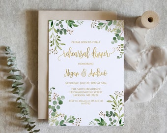 Greenery Gold Rehearsal Dinner Invitation, Botanical Rehearsal Party Invite, Printable, W33