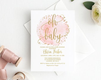 Baby Shower Invitation, Oh Baby Invitation, Watercolor Baby Shower Invitation, Pink and Gold Baby Shower, Calligraphy Invite, BS046