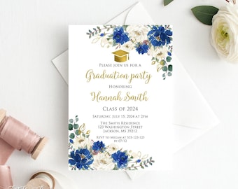 Royal Blue Graduation Invitation, Blue and Gold Grad Party Invite, Royal Blue Flowers, Printable, W1094