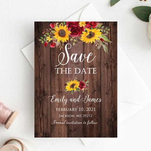 Sunflower and Roses Wedding Save the Date Printable Template Etsy