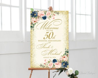 Gold Navy Blush Anniversary Welcome Sign, 50th Anniversary Welcome Sign, Golden Anniversary Sign, Digital File, W1640