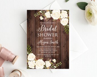 Bridal Shower Invitation, Floral Bridal Shower Invitation, Boho Bridal Shower Invite, Bridal Shower Printable, White Roses, W305