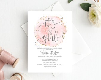 It's a Girl Invitation, Baby Shower Invitation, Watercolor Baby Shower Invitation, Pink and Gray Baby Shower, Calligraphy Invite, BS036