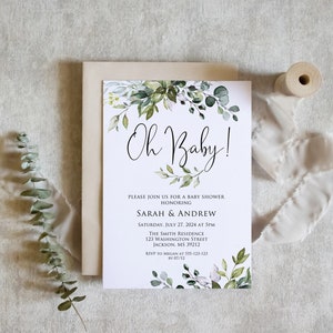 Oh Baby Invitation, Botanical Baby Shower Invitation, Greenery Baby Shower Invitation, Garden Baby Shower, Eucalyptus, Digital File, W1124-2