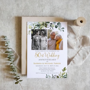 50th Wedding Anniversary Invitation, Greenery Anniversary Invitation, Photo Wedding Anniversary Invitation, Invitation with Photo, W1128-3