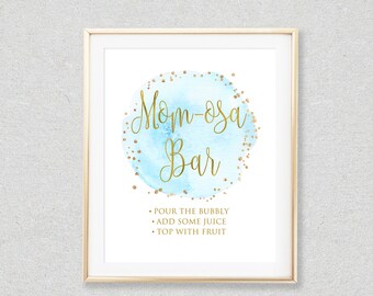 Mom-osa Bar Sign, Blue and Gold Baby Shower Momosa Bar Sign, Gold Mimosa Bar Sign, Bubbly Bar Sign, Baby Shower Bar Sign, BS054