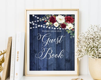 Navy Rustic Guest Book Sign, Wedding Guest Book Sign, Please Sign Our Guest Book Sign, String Lights, Burgundy and White Flowers, W983