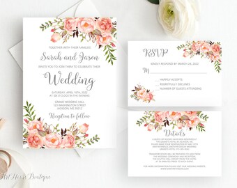 wood rustic floral country wedding vintage wedding invite with RSVP insert Coral Wedding Invitation Mason Jar