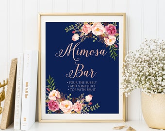 Mimosa Bar Sign, Bubbly Bar Sign, Wedding Bar Sign, Navy Wedding Sign, Bridal or Baby Shower Wedding Event, Printable Sign, Rose Gold, W323