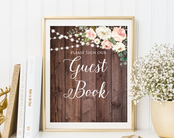 Rustic Guest Book Sign, Wedding Guest Book Sign, Please Sign Our Guest Book Sign, String Lights, Blush and White Flowers, W943