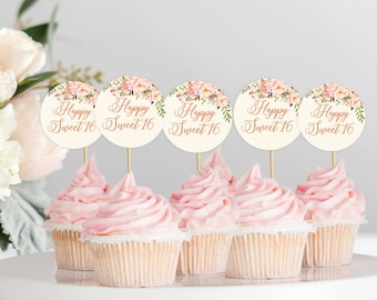 Adornos para cupcakes de 16 años, adornos para cupcakes de cumpleaños, adornos de 5 cm, archivo digital, oro rosa, flores ruborizadas, W539