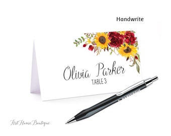 Sunflower Place Cards, Yellow Place Cards, Food Tents, Name Card, Seating Card, Sunflower Burgundy Place Cards, W1139