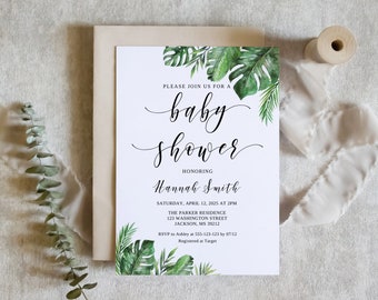 May include: A white baby shower invitation with green tropical leaves and the text "PLEASE JOIN US FOR A baby shower HONORING Hannah Smith SATURDAY, APRIL 12, 2025 AT 2PM THE PARKER RESIDENCE 123 WASHINGTON STREET JACKSON, MS 39212 RSVP 500-123-123-12 Registered at Target"