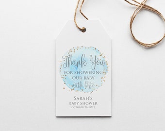 Blue and Gold Baby Shower Thank You Tags, Watercolor Baby Shower Favor Tags, Personalized, Digital File, BS049