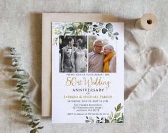 Könnte beinhalten: Eine weiße Hochzeitseinladung mit grünem Laub und zwei Fotos eines Paares. Die Einladung lautet: "Bitte feiern Sie mit uns den 50. Hochzeitstag von Barbara und Michael Parker. Samstag, 12. Juli 2025 um 14:00 Uhr. Die Parker Residence, 123 Washington Street, Jackson, MS 39212. RSVP an Megan unter 553-123-123 bis zum 07/12."
