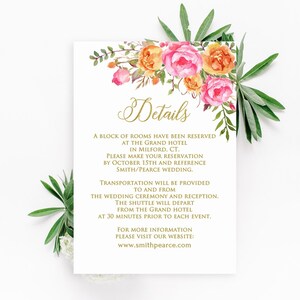 Carte de détails rose fuchsia et orange, carte de réception, carte de réception florale d'anniversaire, carte de réception de mariage, cartes supplémentaires, W58