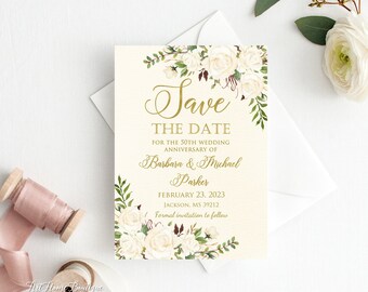Save the Date, 50th Wedding Anniversary Save The Date, Gold Wedding Save the Date, Ivory and Gold, W878