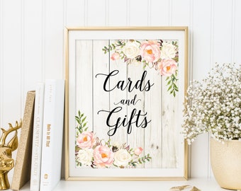 Rustic Cards and Gifts Sign, Gift Table Sign, Floral Wedding Sign, Blush and White Flowers, Printable, W736