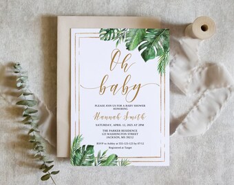 May include: A white baby shower invitation with gold lettering and a tropical leaf design. The invitation reads "Oh baby" and includes the text "Please join us for a baby shower honoring Hannah Smith, Saturday, April 12, 2025 at 2PM, The Parker Residence, 123 Washington Street, Jackson, MS 38212, RSVP to Ashley at 555-123-123 by 07/12, Registered at Target."
