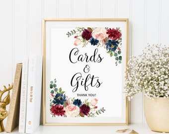 Cards and Gifts Sign, Gift Table Sign, Floral Printable Sign, Marsala, Burgundy, Blush, Navy, W411