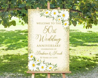 50th Anniversary Welcome Sign, Daisy Anniversary Sign, 50th Anniversary Decoration, Ivory Gold Anniversary Sign, Digital file, W923-1