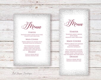 Menù color bordeaux e argento, menù per matrimonio con vino, menù di compleanno stampabile, W1068
