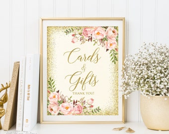 Cards and Gifts Sign, Gift Table Sign, Floral Printable Sign, Ivory Gold Sign, Blush Cards and Gifts Sign Printable, W540